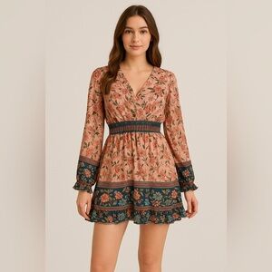 Miss Sparkling Pink Floral Boho Mini Dress M | Long Sleeve Ruffle Hem Peasant